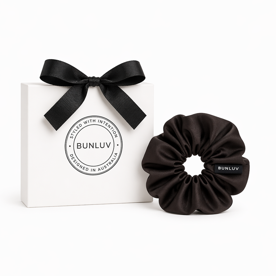 Dark chocolate mulberry silk scrunchie by BUNLUV, shown with gift box