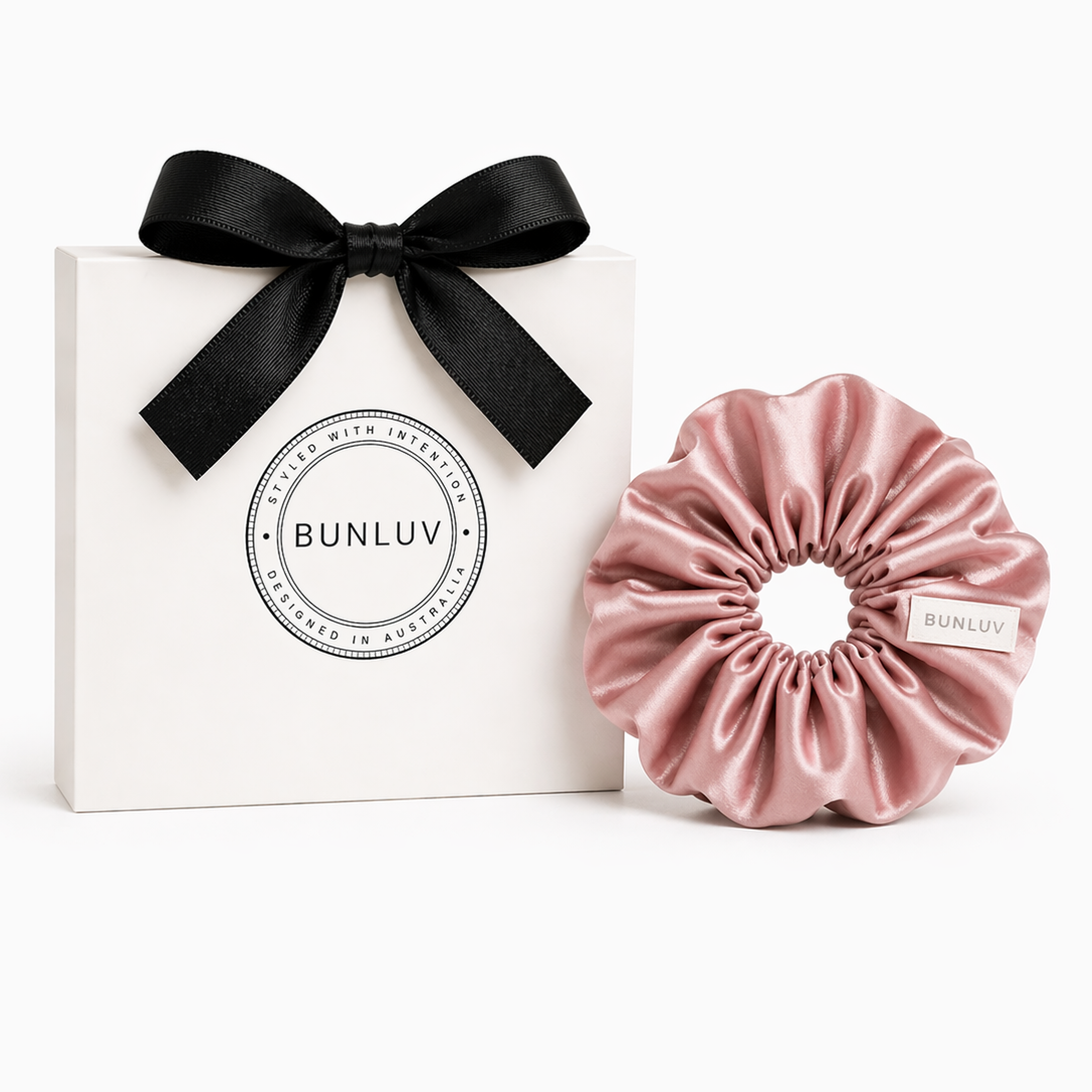 Rose beige satin scrunchie by BUNLUV, shown with gift box