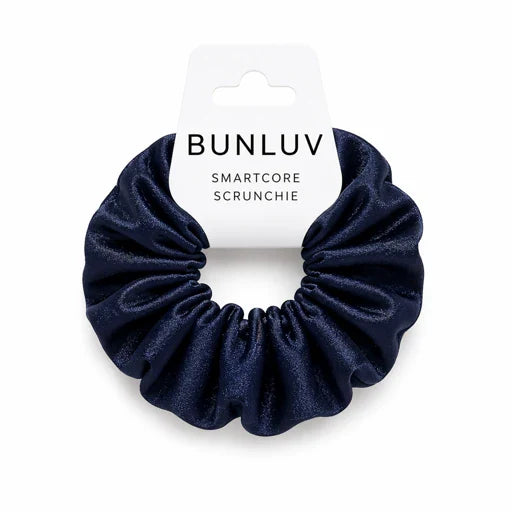 Navy blue scrunchie on a white background with 'BUNLUV' branding.