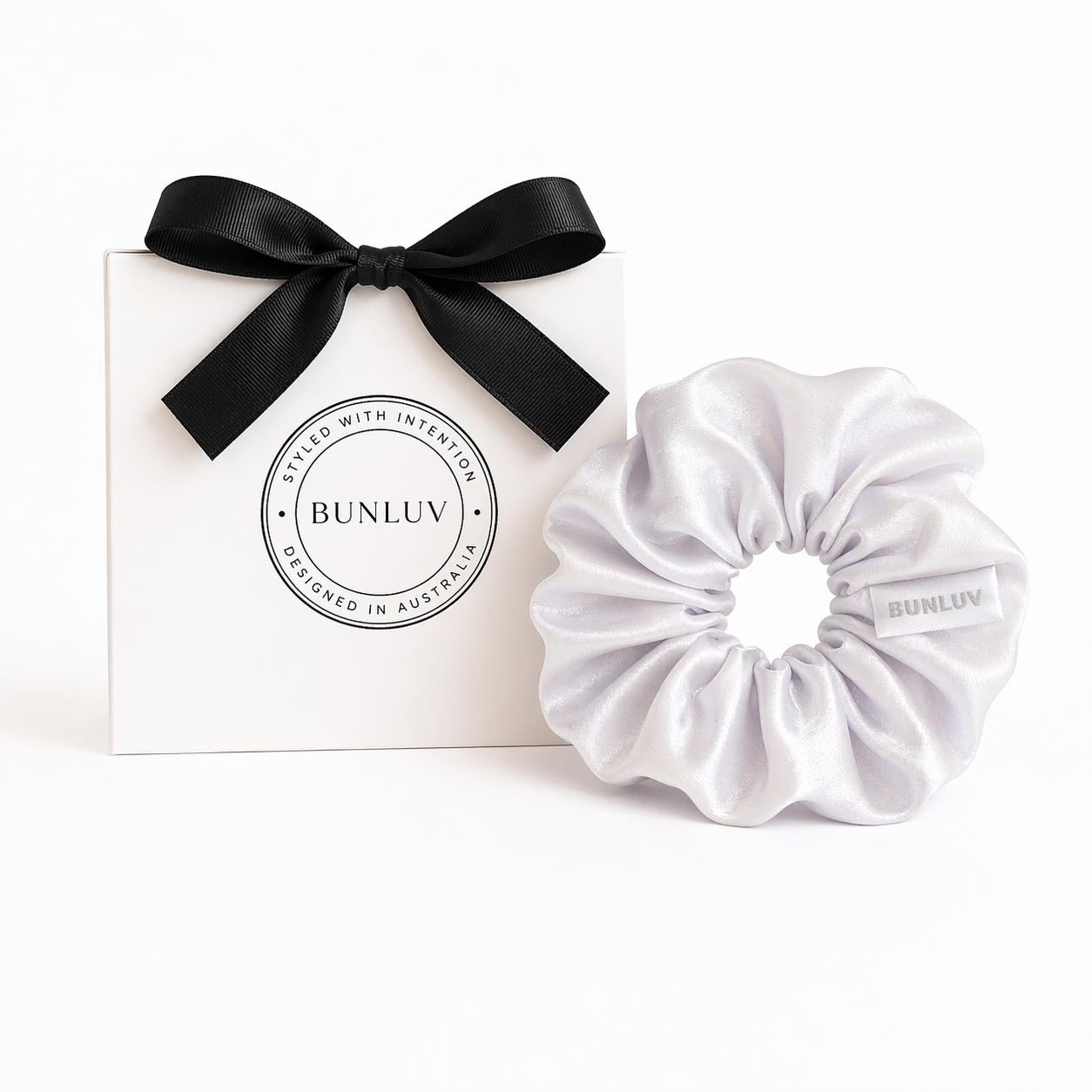 White satin scrunchie by BUNLUV, shown with gift box
