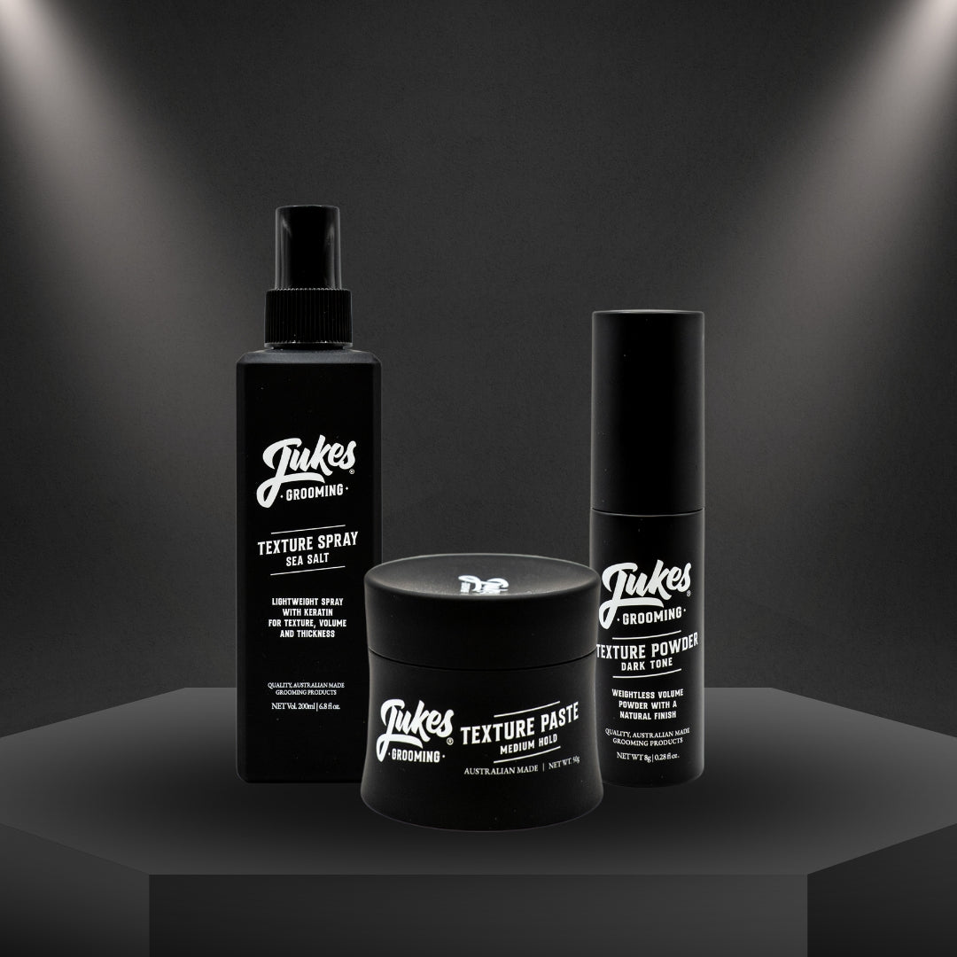 Jukes Grooming Texture Kit with spray, powder, and paste