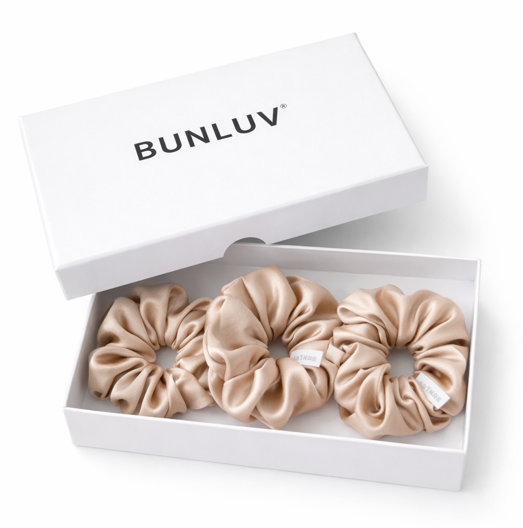 Set of 3 nude mulberry silk scrunchies by BUNLUV, shown with gift box