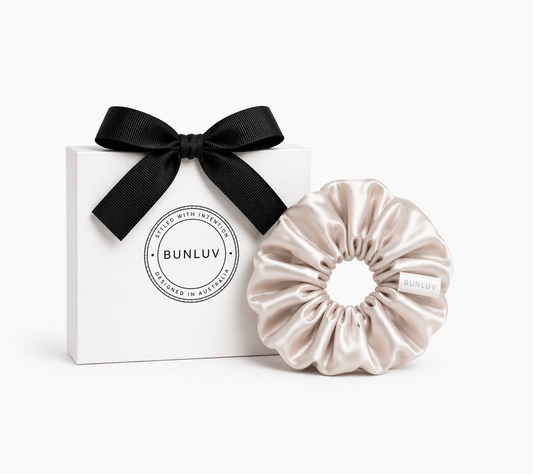 Beige satin scrunchie by BUNLUV, shown with gift box