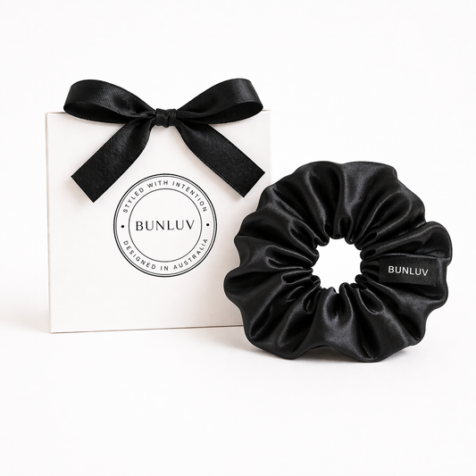 Black satin scrunchie by BUNLUV, shown with gift box