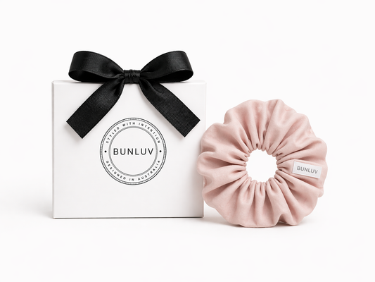 Blush pink active scrunchie by BUNLUV, shown with gift box