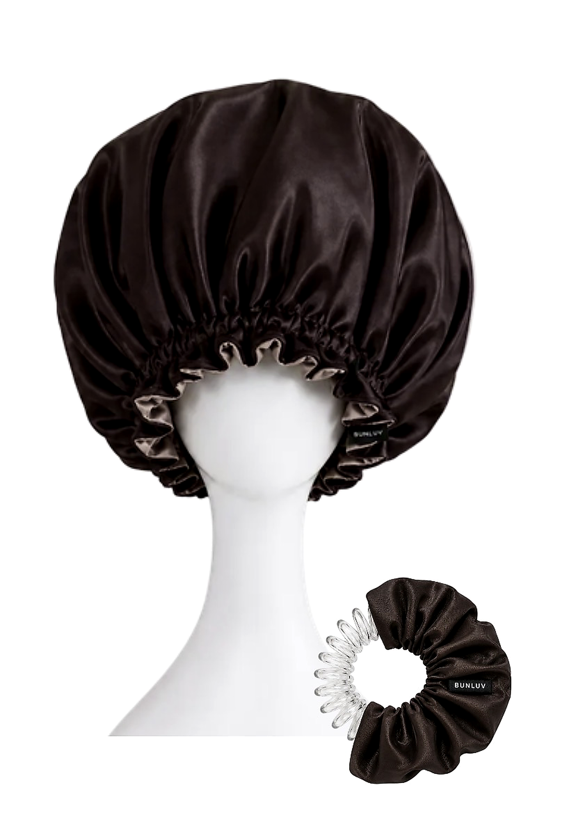 BUNLUV dark chocoalte and rose gold satin bonnet and dark chocoalte spiral scrunchie on a white mannequin head with a white background