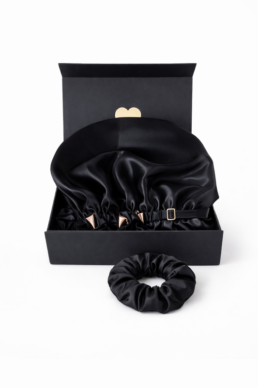 Black satin & rose gold bonnet and scrunchie set in BUNLUV gift box on white background