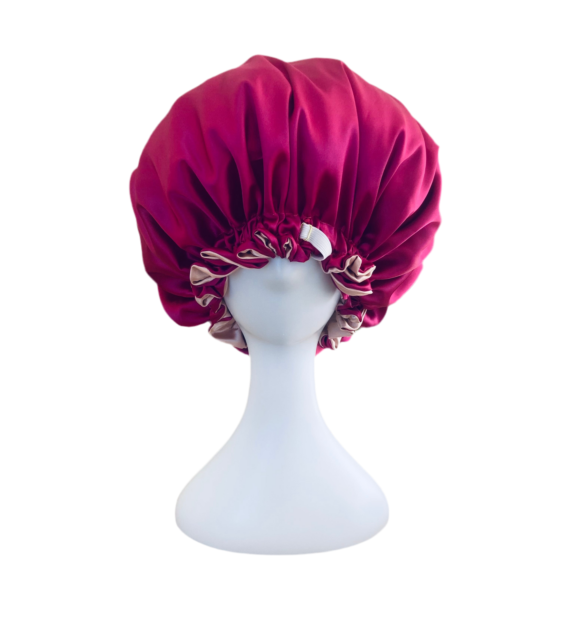 Hot pink and pink satin sleep bonnet by BUNLUV on white background