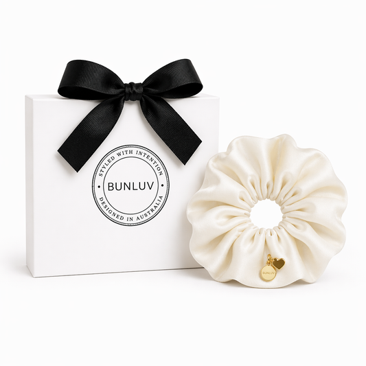 Ivory mulberry silk scrunchie by BUNLUV, shown with gift box