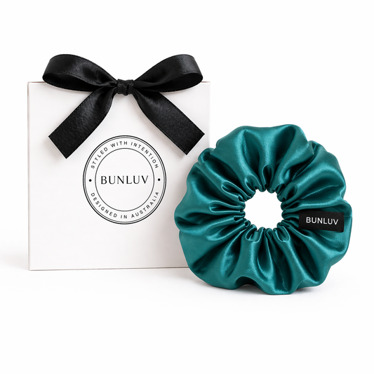 Jade satin scrunchie by BUNLUV, shown with gift box