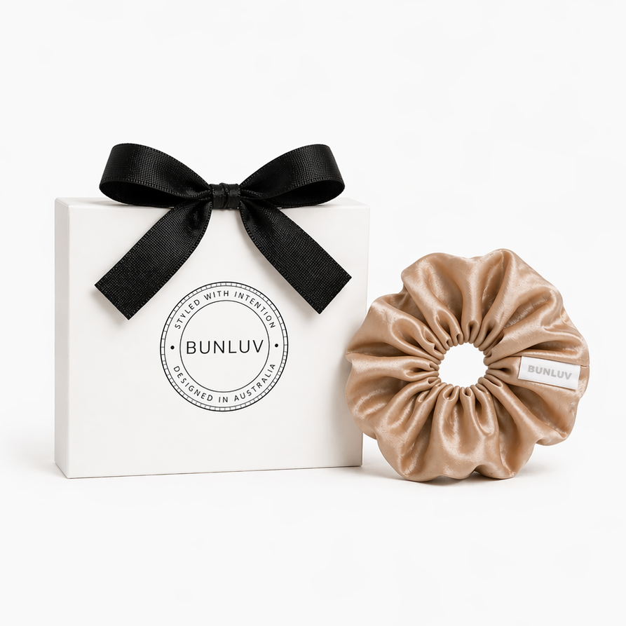 Nude mulberry silk scrunchie by BUNLUV, shown with gift box