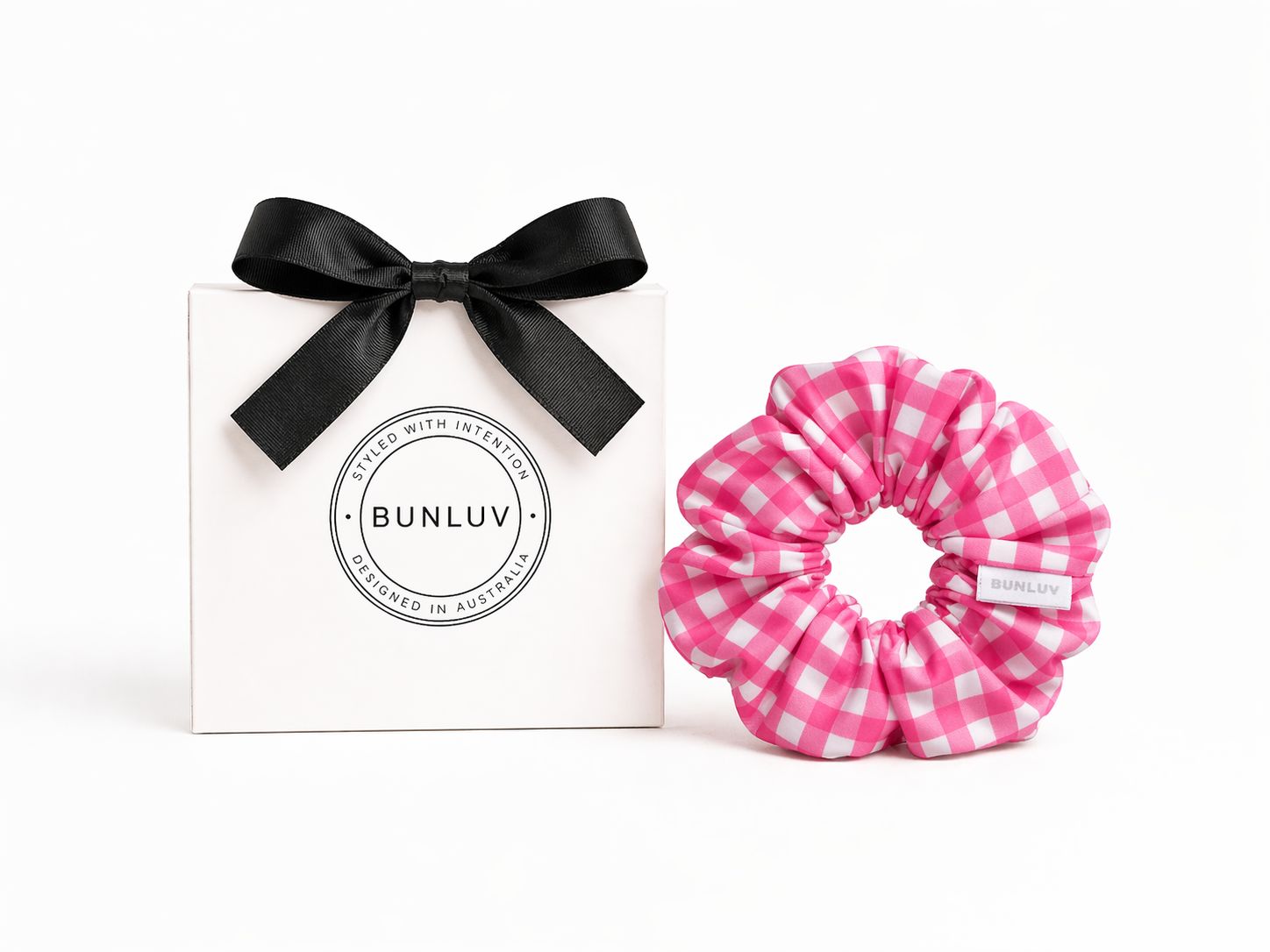 Pink gingham swim scrunchie by BUNLUV, shown with gift box