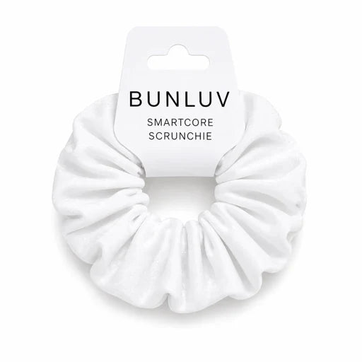White scrunchie on a white background with 'BUNLUV' packaging.