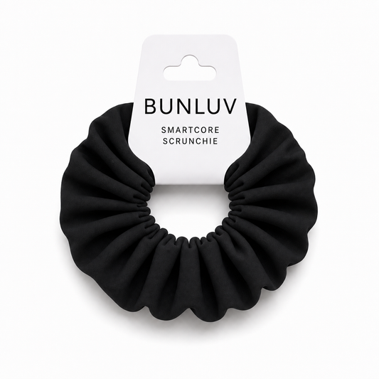 Black school smartcore spiral scrunchie with 'BUNLUV' packaging on a white background
