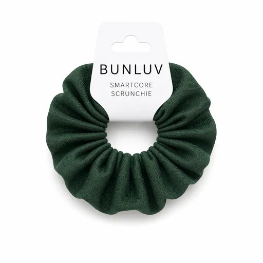 Green scrunchie on a white background with 'BUNLUV' label.