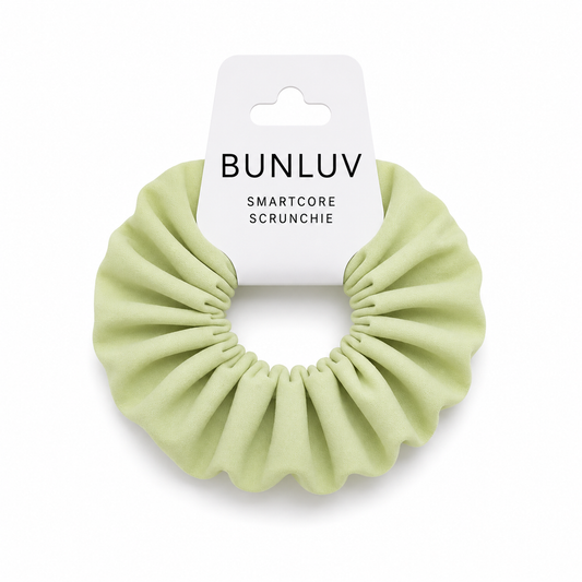 Light green school smartcore spiral scrunchie with 'BUNLUV' packaging on a white background
