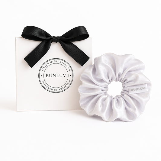 White satin scrunchie by BUNLUV, shown with gift box