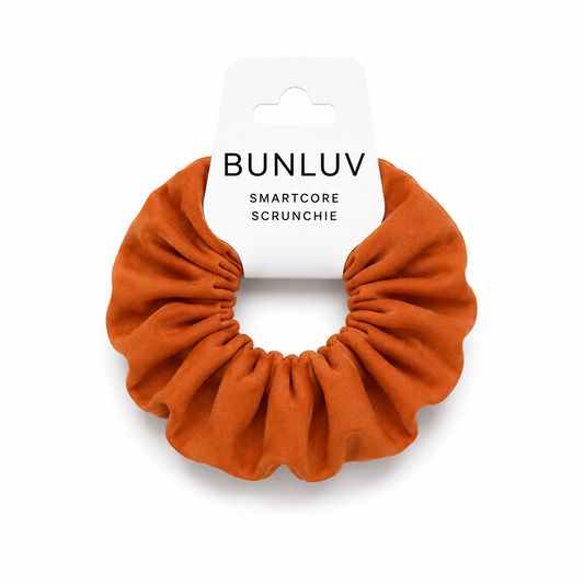 Orange school smartcore spiral scrunchie with 'BUNLUV' packaging on a white background
