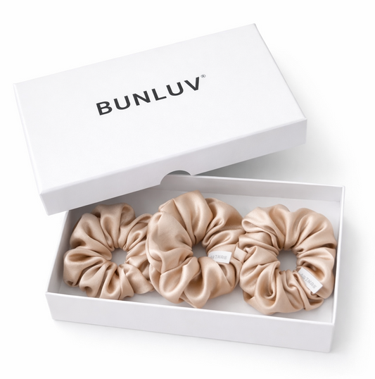 Set of 3 nude mulberry silk scrunchies by BUNLUV, shown with gift box